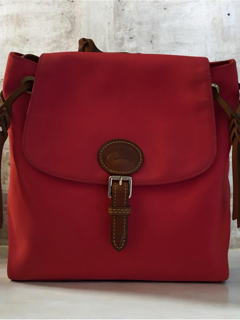 Dooney & Bourke Red Nylon Backpack with Brown Leather Trim